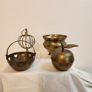 Vintage Brass Decor Lot – Apple Box, Heart Basket, Cauldron Planter Set